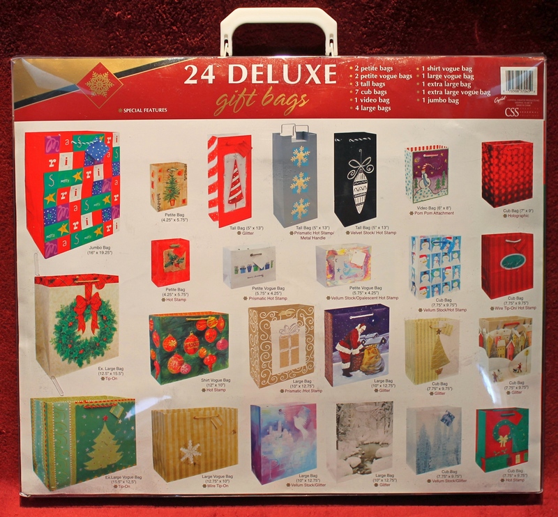 Back View - Full List - 24 Deluxe Holiday Gift Bags New in Plastic Package from Crystal Creative Products