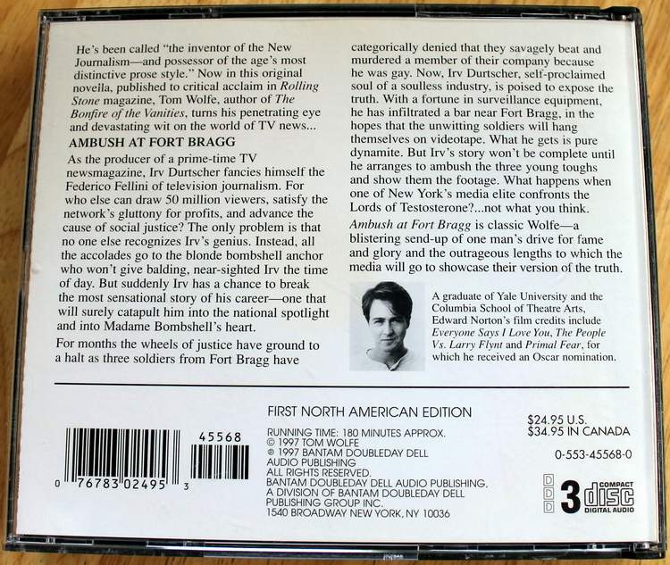 Back cover of: Ambush at Fort Bragg by Tom Wolfe - An Unabridged Production on 3 Audio CDs