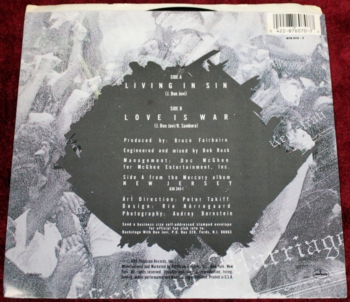 Back Cover of BON JOVI - Living in Sin - Love is War Picture Sleeve