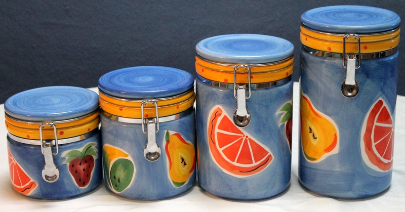 Set of 4 Blue Ceramic Canister Set with Fruit Design