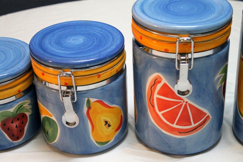 Set of 4 Blue Ceramic Canister Set with Fruit Design