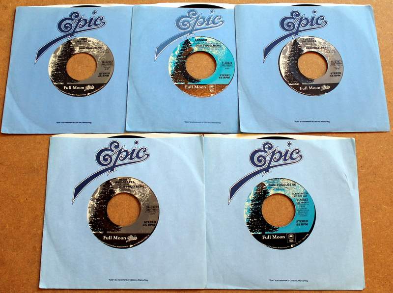 Lot of 5 Dan Fogelberg 45's in Original Sleeves Produced by Full Moon / Epic.  Times Like These 1980; Longer 1979; Run for the Roses 1981; Hearts and Crafts 1980; Demo Record - Heart Hotels