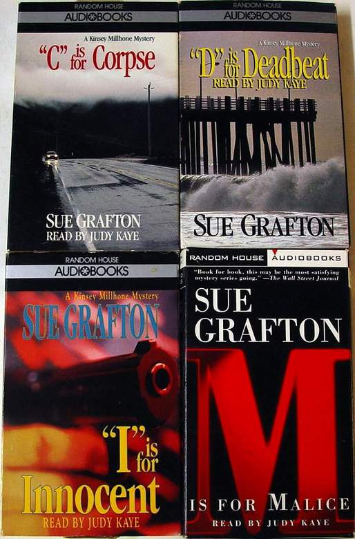4 Audiobooks by Sue Grafton - "C" is for Corpse (on 2 cassettes) - "D" is for Deadbeat (on 2 cassettes) - "I" is for Innocent (on 2 cassettes) - "M" is for Malice (on 4 cassettes)