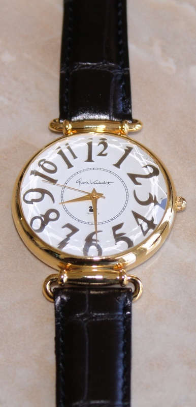 Gloria Vanderbilt Goldtone Classy Large Numbers Faceted Crystal Leather Strap Watch