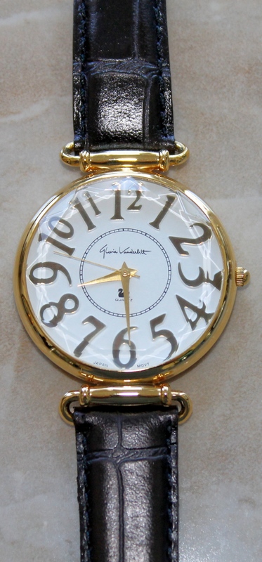Gloria Vanderbilt Goldtone Classy Large Numbers Faceted Crystal Leather Strap Watch