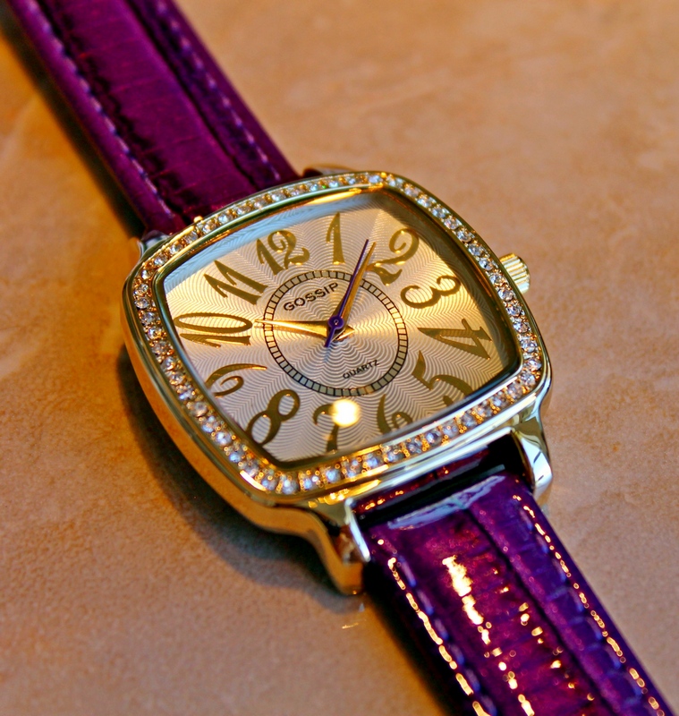 Gossip Pillow-shaped Crystal Bezel, Large Arabic Numbers, Violet Leather Strap Watch GSP662D