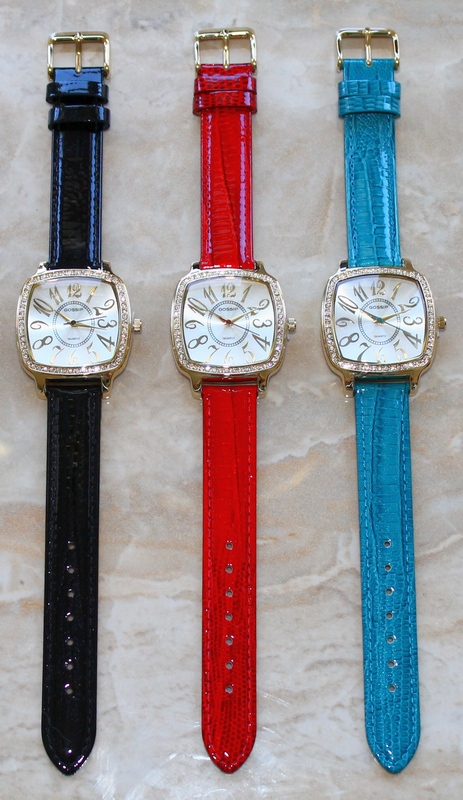 Gossip Pillow-shaped Crystal Bezel, Large Arabic Numbers, Black, Red or Blue Leather Strap Watch GSP662A or B or C