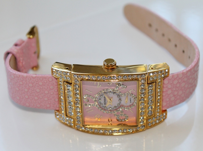 Gossip Oversized Pave' Set Crystal Bezel Accented Mother-of-Pearl Dial Pink Leather Strap Watch