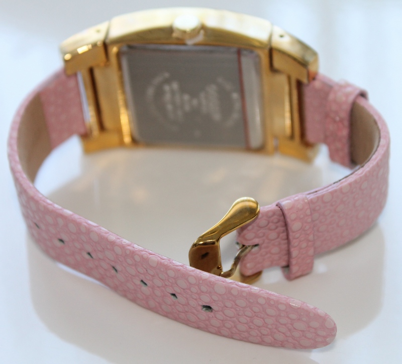 Gossip Oversized Pave' Set Crystal Bezel Accented Mother-of-Pearl Dial Pink Leather Strap Watch