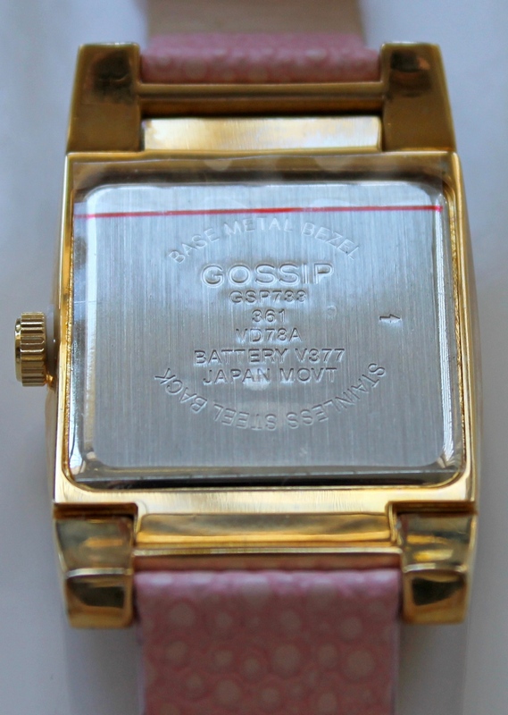 Back View of the Gossip GSP733 Oversized Pave' Set Crystal Bezel Accented Mother-of-Pearl Dial Pink Leather Strap Watch