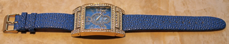 Gossip Oversized Pave' Set Crystal Accented Bezel and Mother-of-Pearl Dial, Blue Leather Strap Watch