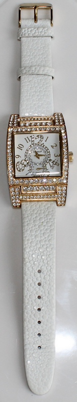 Gossip Oversized Pave' Set Crystal Bezel, Accented Mother-of-Pearl Dial, White Leather Strap Watch