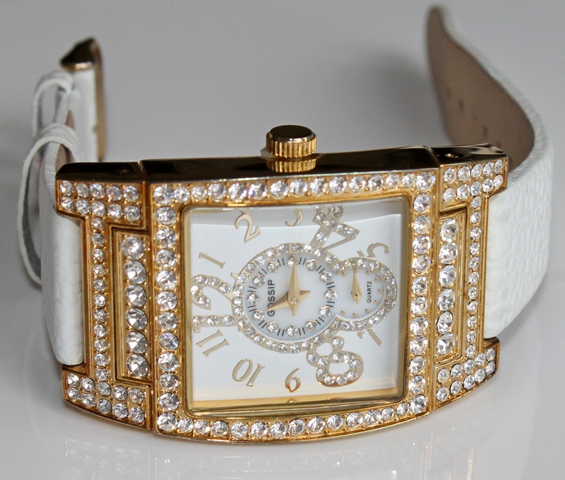Gossip Oversized Pave' Set Crystal Bezel, Accented Mother-of-Pearl Dial, White Leather Strap Watch
