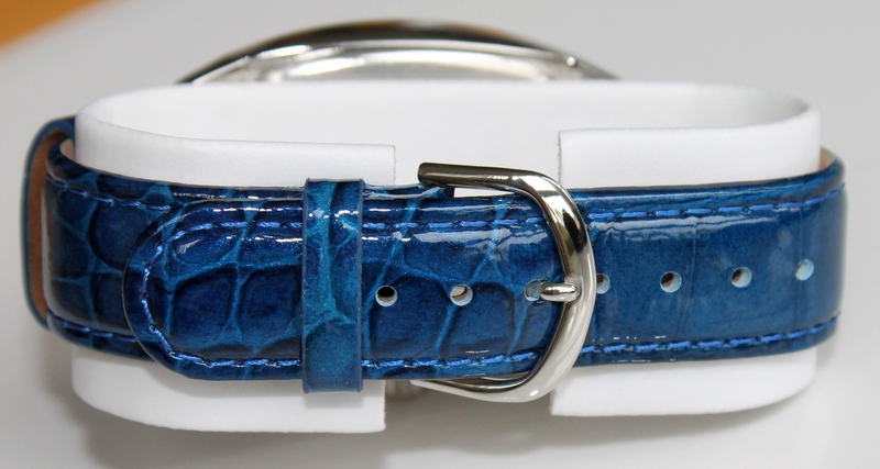 Gossip Pave' Set CZ Accented Tonneau Case Watch with Glossy Blue Croco Leather Strap