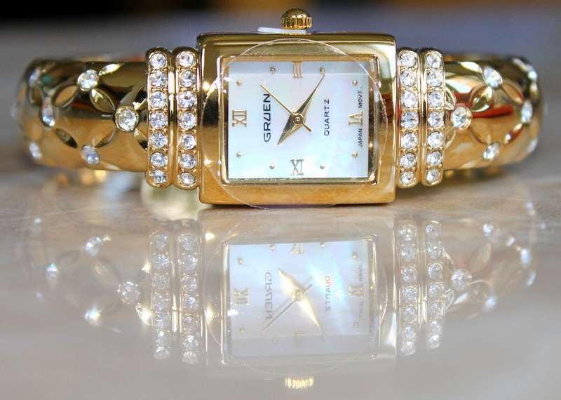 Gruen Goldtone CZ Gemstone Mother-of-Pearl Cuff Bracelet Watch