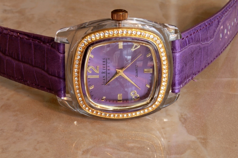 Joan Rivers Radiant Goldtone and Crystal Dial Violet Leather Strap Watch - QVC Item # J37068 