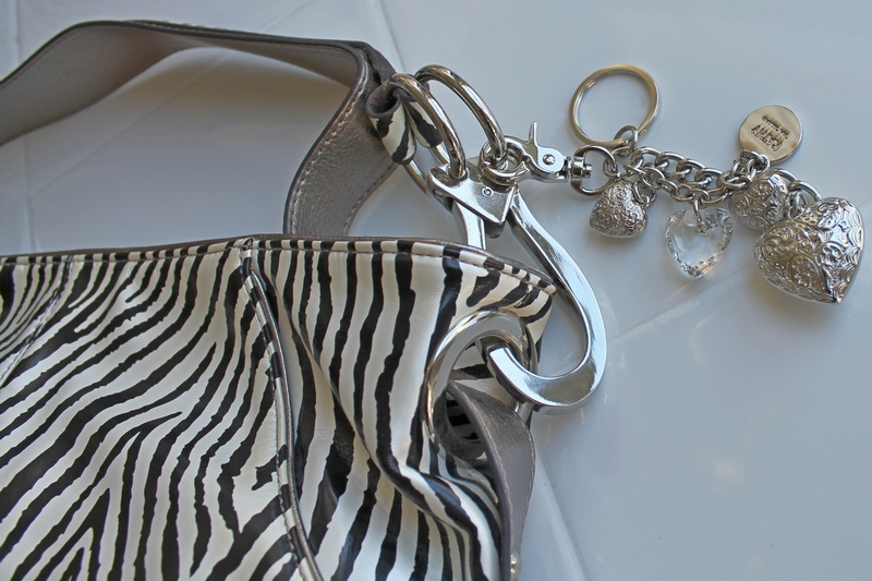 Kathy Van Zeeland Patent Triple Compartment Zebra Pattern Hobo Bag with Keychain