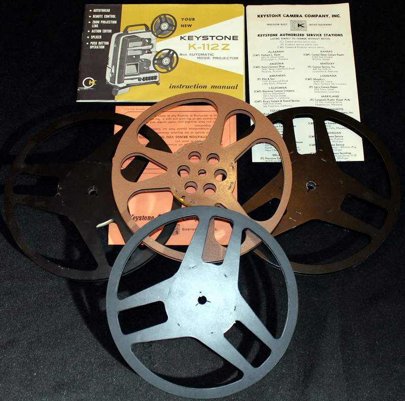 Keystone K-112Z 8mm Movie Projector Manual and 4 Empty Reels