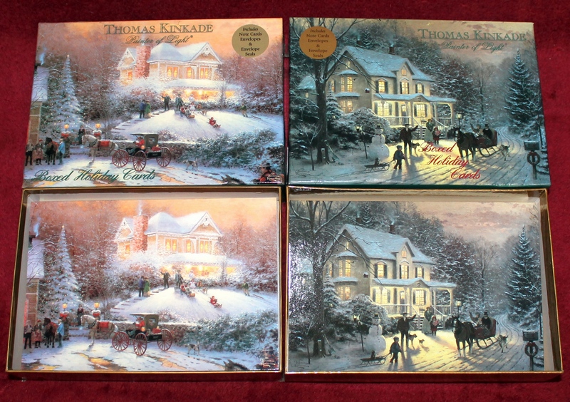 -Victorian Christmas II and Home for the Holidays- Thomas Kinkade -Painter of Light- Boxed Holiday Cards shown here with the lids removed