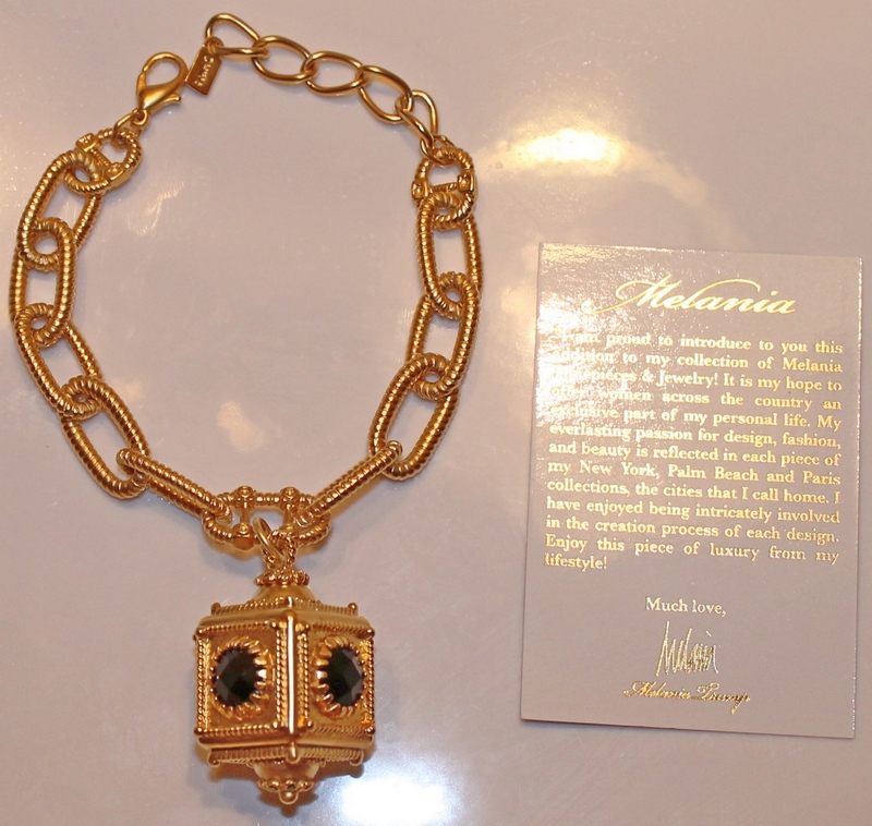 Melania Goldtone Vintage Design Charm Faux Black Onyx Bracelet with romance card.