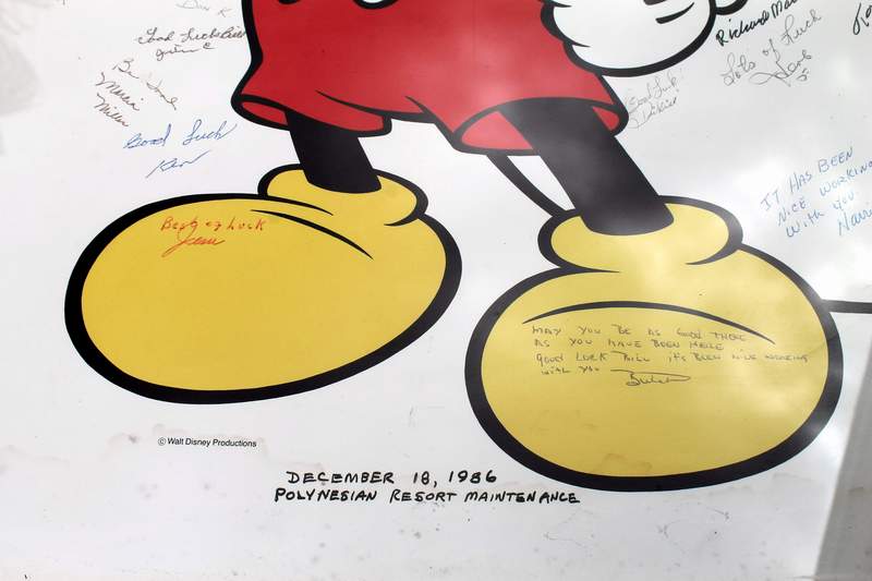 Mickey Mouse Framed Poster / Print signed in 1986 by the employees of Disney's Polynesian Resort Hotel Maintenance as a retirement gift.