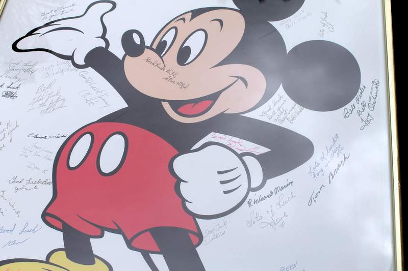 Mickey Mouse Framed Poster / Print signed in 1986 by the employees of Disney's Polynesian Resort Hotel Maintenance as a retirement gift.