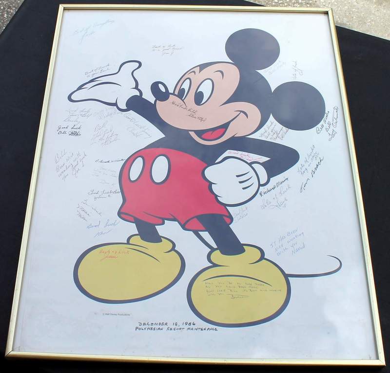 Mickey Mouse Framed Poster / Print signed in 1986 by the employees of Disney's Polynesian Resort Hotel Maintenance as a retirement gift.