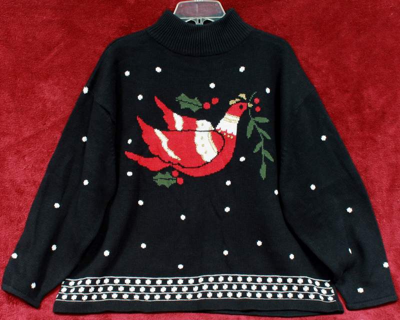 Midnight Velvet Women's Black Knitted Pullover Holiday Sweater Size 2X. RN# 78562 - Featured on the front is a stylized holiday themed dove with a Holly berries branch and snowflakes.