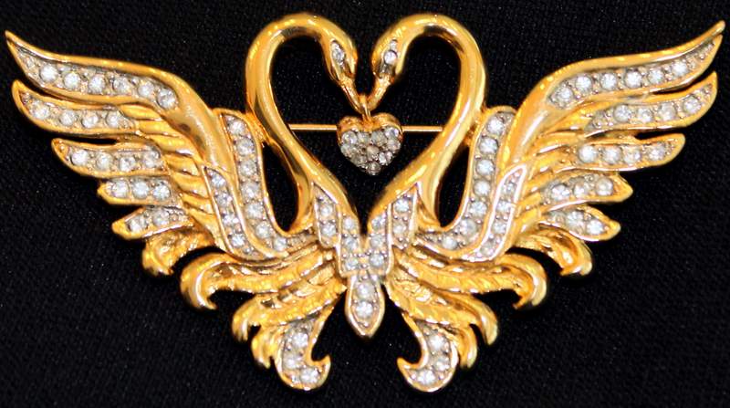 Nolan Miller Vintage Double Kissing Swans Brooch with Dangle Heart Pin