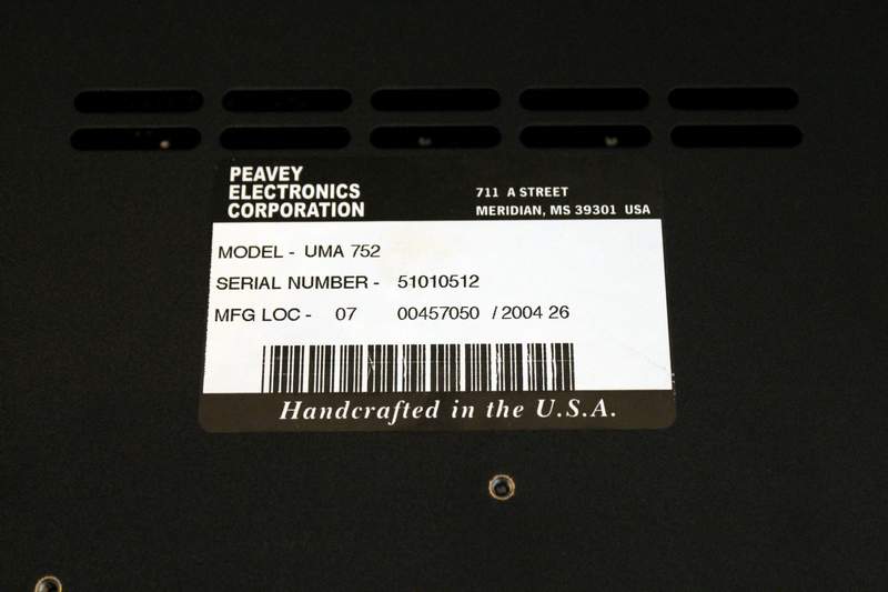 Bottom view product label - Peavey UMA 752 Mixer Amplifier