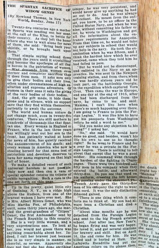 With this book, I will include this original newspaper clipping from the now defunct New York World newspaper.  The article is entitled , "The Spartan Sacrifice of Widow Genet" by Rowland Thomas, Sunday June 17th, 1917.  The article contains a bit of the history of the Genet Family and the interview of the widowed mother of Edmond Genet.  This is a one of a kind collectable.  You get the book and the original New York World newspaper clipping from 1917.  Very Rare.