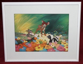 This is a beautiful, framed and matted print of a scene from the 1942 Disney film Bambi where Thumper and Bambi meet Flower the skunk.