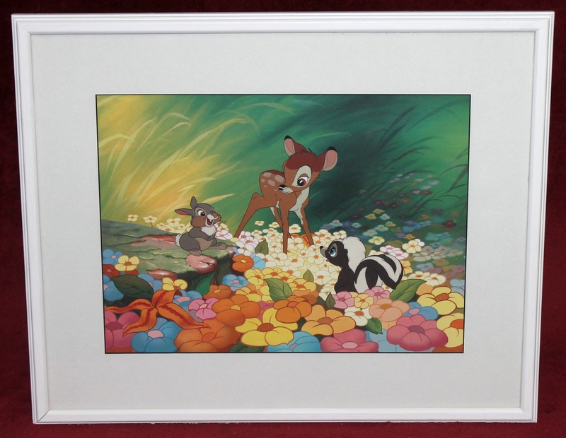 This is a beautiful, framed and matted print of a scene from the 1942 Disney film Bambi where Thumper and Bambi meet Flower the skunk.