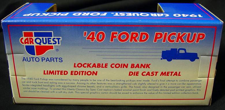 1940 CARQUEST Ford Pickup Truck Die Cast Metal Truck / Coin Bank - New in Box 3rd in a Series