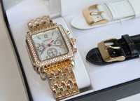 Gossip Mother of Pearl, Multi Function, Luxury Sport Watch with Crystal Bezel & 3 Bands - Gold Tone, Black Leather, White Leather