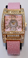 Gossip Oversized Pave' Set Crystal Bezel Accented Mother-of-Pearl Dial Pink Leather Strap Watch