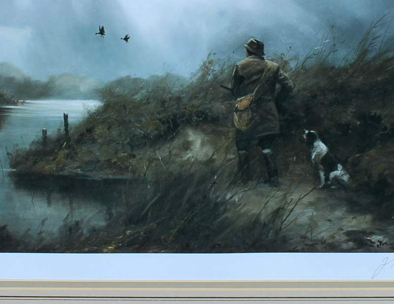 John Trickett - Shooting with Springer Spaniel - Fine Art Limited Edition Print #395 of 850 published by Sally Mitchell, 1984 in Askham, Nottinghamshire.  Double matted in beautiful gold and brown frame with glass face.