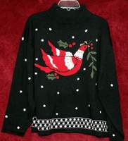 Midnight Velvet Women's Black Knitted Pullover Christmas Sweater Size 2X No.78562  Featured on the front is a stylized Christmas dove with a Holly berries branch and snowflakes.