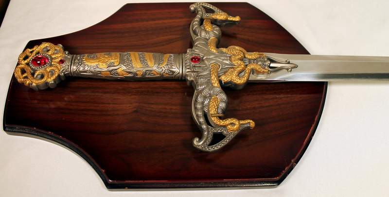 Stainless Steel Fantasy Serpent Sword With Jewel Encrusted Crossguard and Pommel and mounting wall plaque