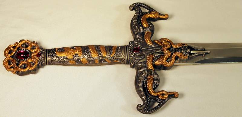 Stainless Steel Fantasy Serpent Sword With Jewel Encrusted Crossguard and Pommel and mounting wall plaque